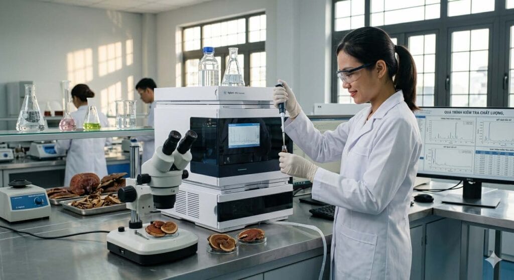 Kiểm tra chất lượng nguyên liệu nấm linh chi trước khi sản xuất